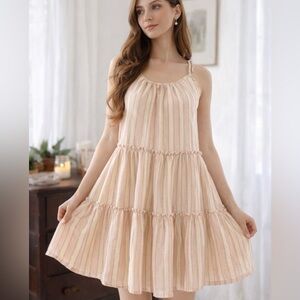 ILLA ILLA Blush Mauve and Cream Stripe Open Tie Back Sleeveless Tiered Dress